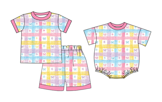 26.1.6 Custom MOQ:3 or 5 pcs each design milk silk Sibling baby girl clothes bow short sleeve shorts sets and romper