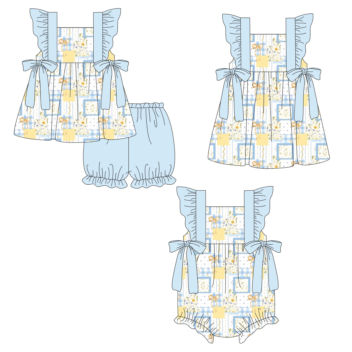 26.1.3 Custom MOQ:3 or 5 pcs each design milk silk Sibling baby girl clothes bow floral short sleeve shorts sets and dress and romper