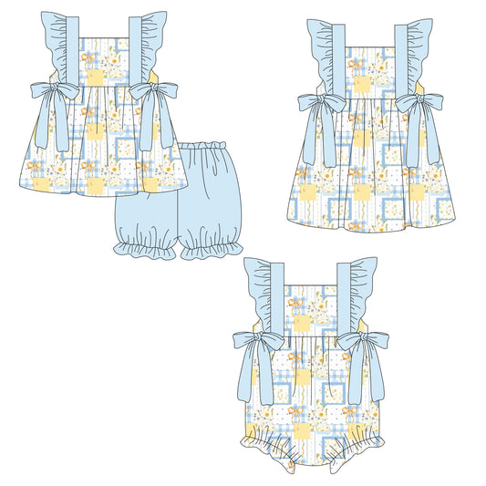26.1.3 Custom MOQ:3 or 5 pcs each design milk silk Sibling baby girl clothes bow floral short sleeve shorts sets and dress and romper