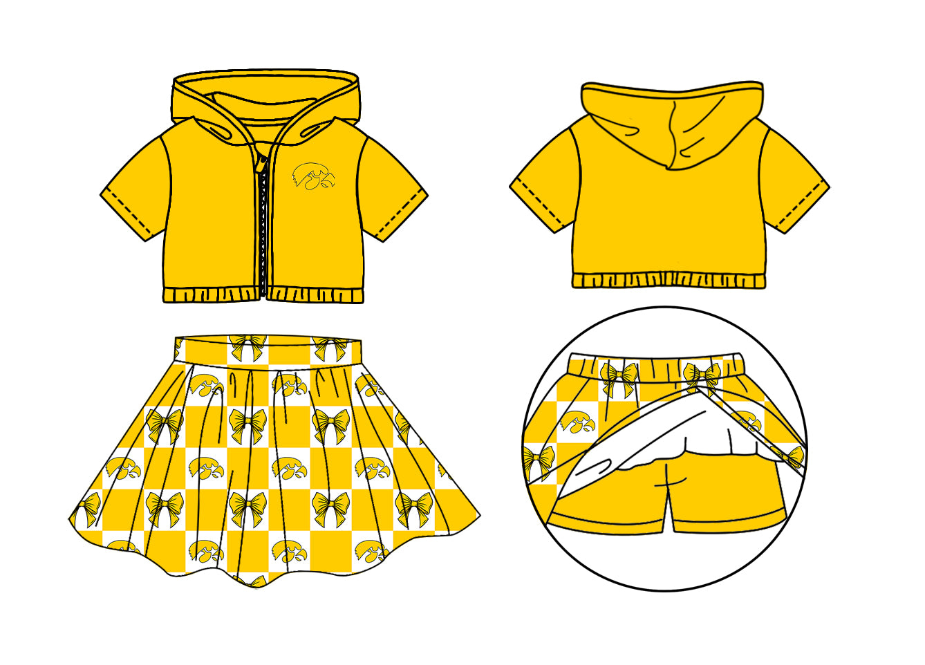 Custom Milk Silk Order MOQ:3 or 5 pcs Each Design Team State Girl Summer Bow Yellow Sleeveless Skirts Sets 3 and dress and shorts-26.1.21