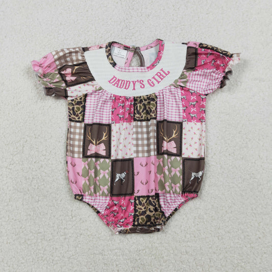 RTS NO MOQ(In Stock) SR3778 smocked Embroidered Daddy's Girl Camouflage Plaid Pink Short-Sleeve Jumpsuit