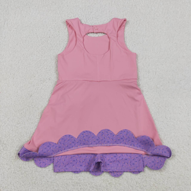 GSD3028 Kids Baby Girls Pink Purple Sleeveless Yoga Active Scallop Bows Shorts Knee Length Dresses