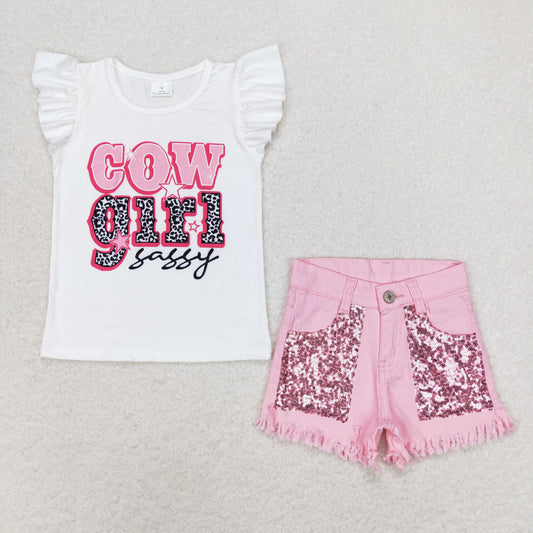 GT0504+SS0230 Letter White Lace sleeve top Pink sequined denim shorts set