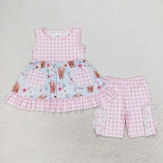 GSSO1161 Alpine Bull Head flower pink-white checkered pocket light blue sleeveless shorts set