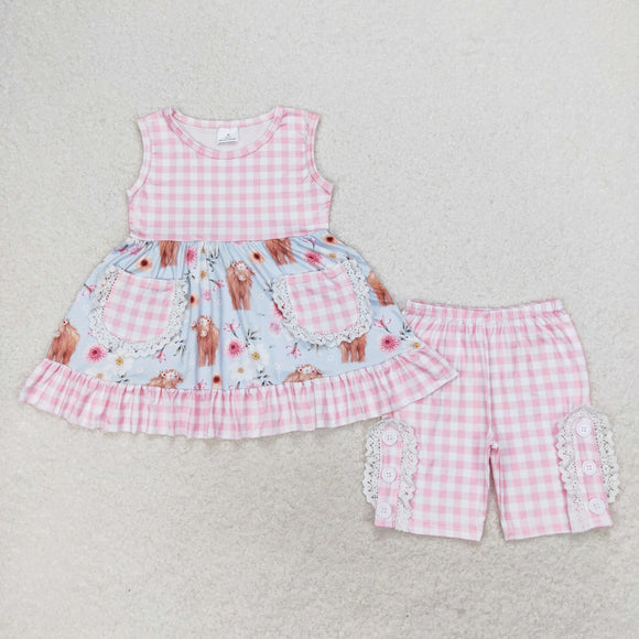 GSSO1161 Alpine Bull Head flower pink-white checkered pocket light blue sleeveless shorts set