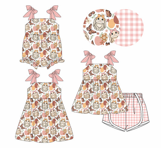 26.1.8 Custom MOQ:3 or 5 pcs each design milk silk Sibling baby girl clothes bunny short sleeve shorts sets and dress and romper