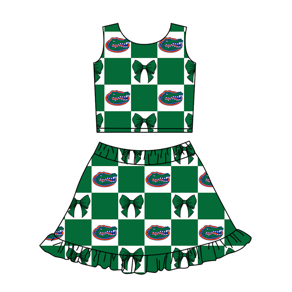 Custom Milk Silk Order MOQ:3 or 5 pcs Each Design Team State Girl Summer Bow Green Sleeveless Skirts Sets-26.1.17