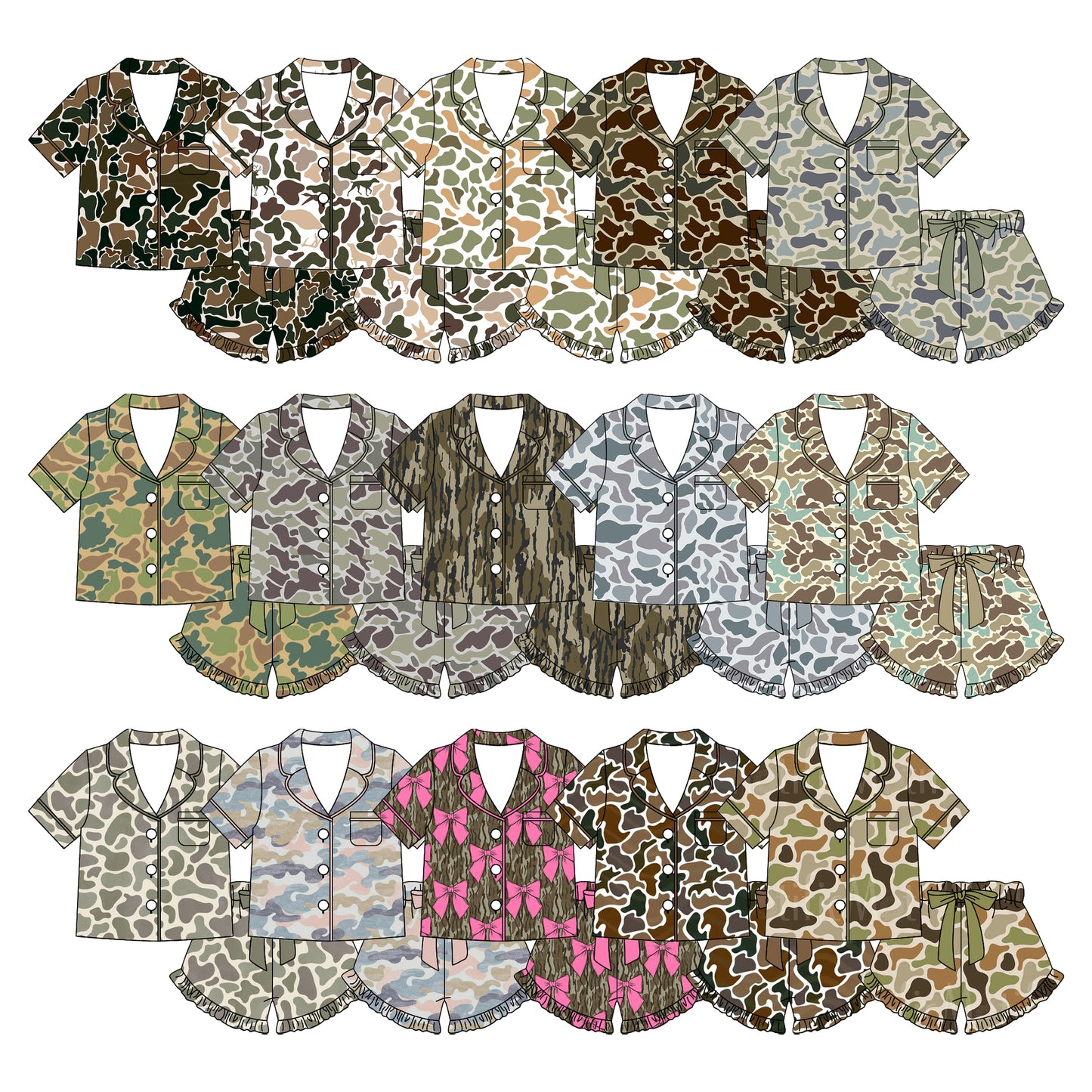 26.1.1 Custom MOQ:3 or 5 pcs each design milk silk Sibling baby boy clothes camouflage short sleeve shorts sets 15