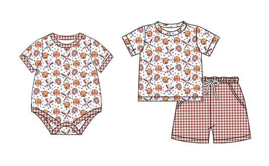 26.1.15 Custom MOQ:3 or 5 pcs each design milk silk Sibling baby boy clothes baseball short sleeve shorts sets and romper
