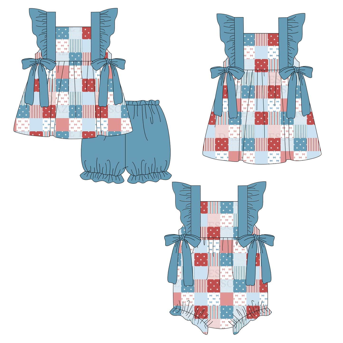 26.1.3 Custom MOQ:3 or 5 pcs each design milk silk Sibling baby girl clothes bow short sleeve shorts sets and dress and romper