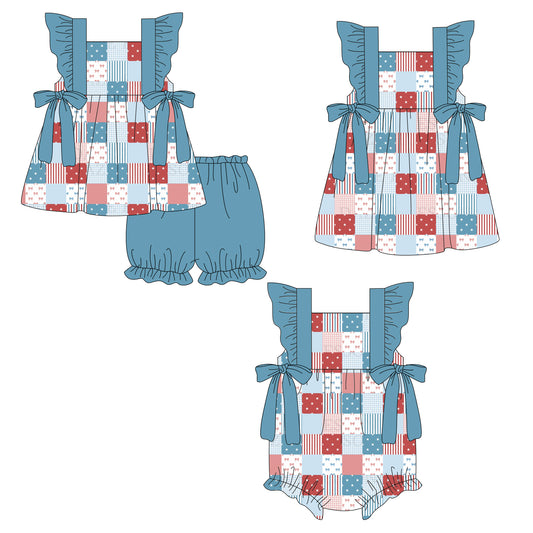26.1.3 Custom MOQ:3 or 5 pcs each design milk silk Sibling baby girl clothes bow short sleeve shorts sets and dress and romper