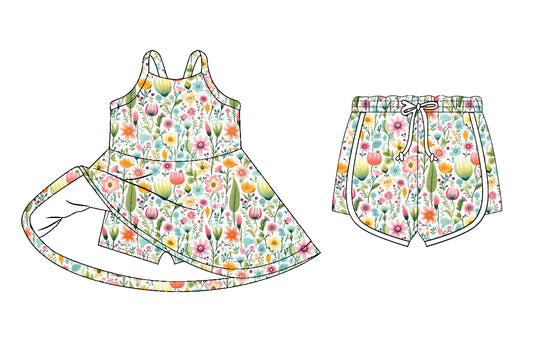 26.1.6 Custom MOQ:3 or 5 pcs each design milk silk Sibling baby girl clothes floral short sleeve dress and shorts