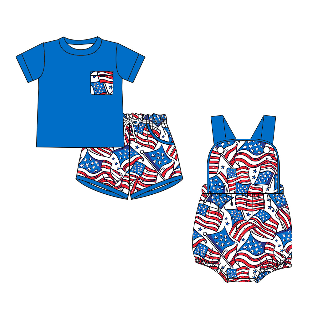 26.1.5 Custom MOQ:3 or 5 pcs each design milk silk Sibling baby boy clothes flag short sleeve shorts sets and romper