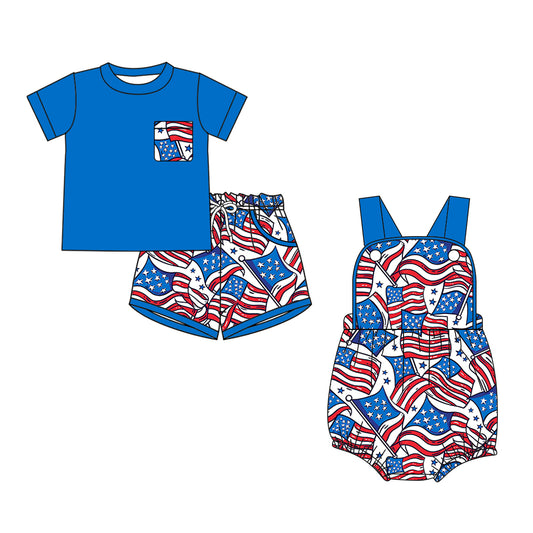 26.1.5 Custom MOQ:3 or 5 pcs each design milk silk Sibling baby boy clothes flag short sleeve shorts sets and romper