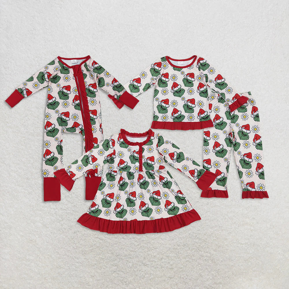 Sibling Girls Christmas Green Face Daisy Pajamas Set Zipper Footie Romper Knee Length Dress