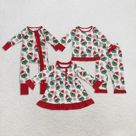Sibling Girls Christmas Green Face Daisy Pajamas Set Zipper Footie Romper Knee Length Dress