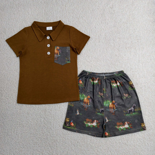 BSSO2014 Kids Baby Boys Button Pocket Polo Shirt Top Duck Dogs Short Hunting Clothes Set