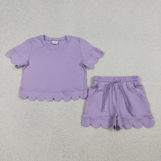 GSSO3171 Kids Baby Girl Short Sleeve Lavender Shirt Pockets Shorts Scallop Clothes Sets