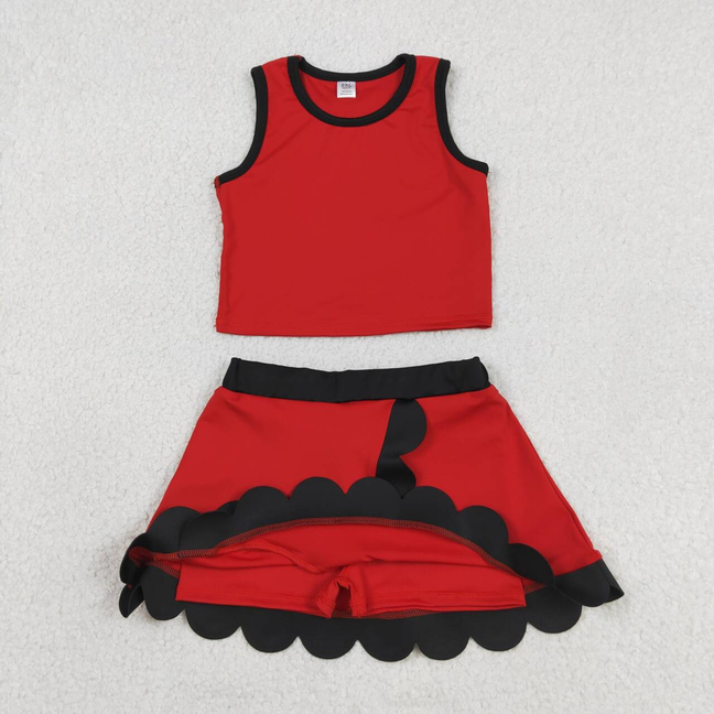 GSD4028 Kids Baby Girls Sleeveless Red Black Vest Scallop Skirt Short Yoga Active Clothes Set