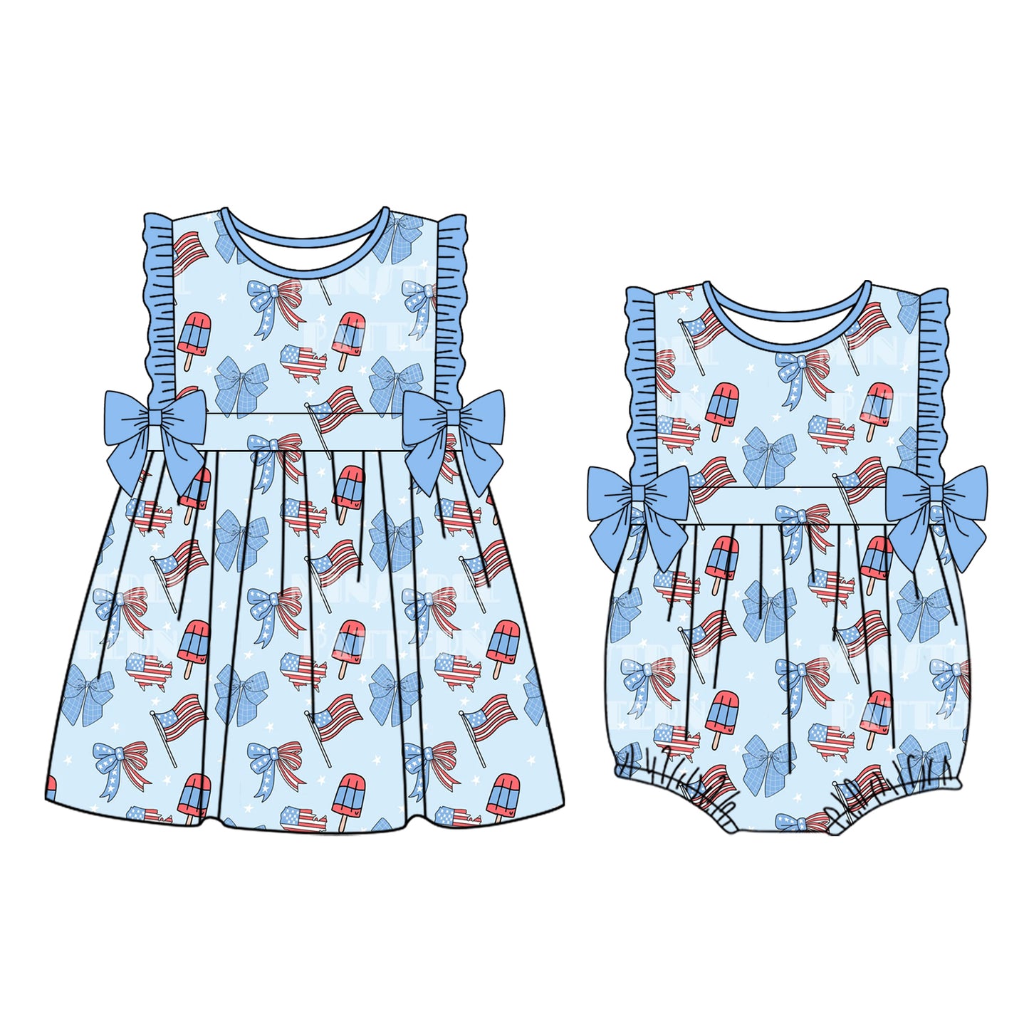 26.1.9 Custom MOQ:3 or 5 pcs each design milk silk Sibling baby girl clothes flag bow short sleeve dress and romper