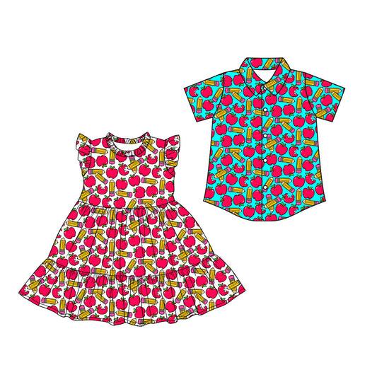 26.1.19 Custom (Moq 3 or 5) Sibling Baby Girl boy apple pencil Short Sleeve Shorts Sets Kids Dress top