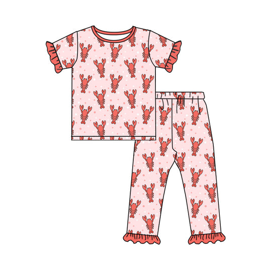 26.1.3 Custom MOQ:3 or 5 pcs each design milk silk baby girl clothes lobster short sleeve pants sets