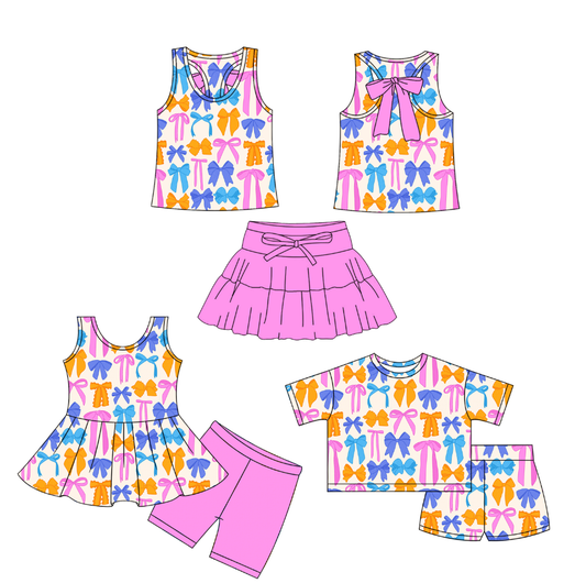 26.1.12 Custom MOQ:3 or 5 pcs each design milk silk Sibling baby girl clothes bow short sleeve shorts sets 2 and skirts sets
