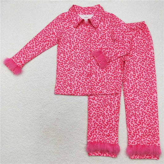 GLP1261 Adult Women Dark Pink Leopard Button Up Top Pants Fur Pajamas