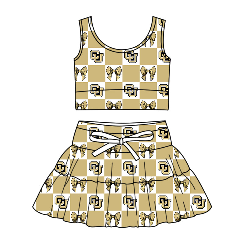 Custom MOQ 3 or 5 pcs Team Design Girl Summer CU Bows Plaid Vests Top Skirt Short Team Clothes Sets
