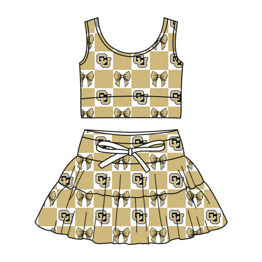 Custom MOQ 3 or 5 pcs Team Design Girl Summer CU Bows Plaid Vests Top Skirt Short Team Clothes Sets