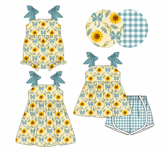 26.1.8 Custom MOQ:3 or 5 pcs each design milk silk Sibling baby girl clothes bow floral short sleeve shorts sets and dress and romper