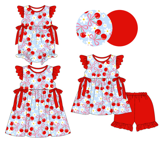 26.1.6 Custom MOQ:3 or 5 pcs each design milk silk Sibling baby girl clothes bow short sleeve shorts sets and dress and romper