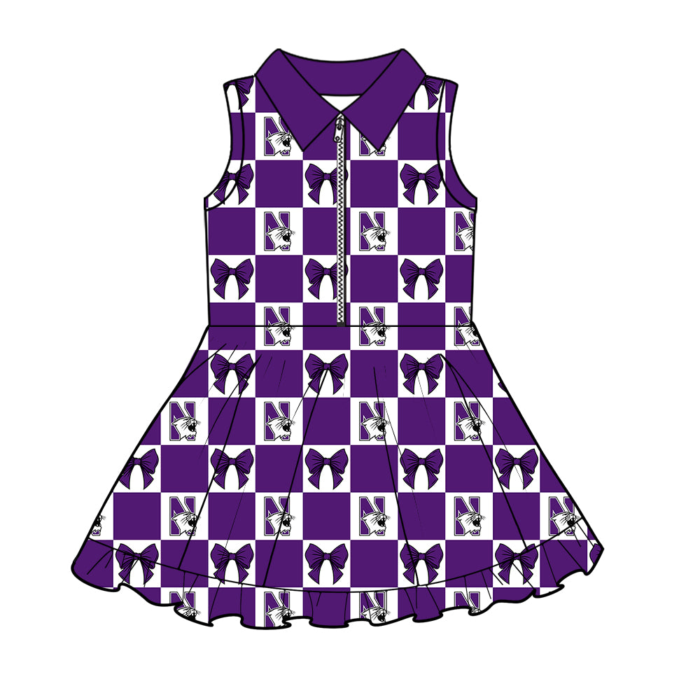 Custom Milk Silk Order MOQ:3 or 5 pcs Each Design Team State Girl Summer Bow Purple Sleeveless Dress-26.1.22