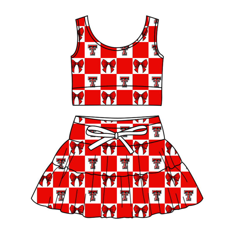 Custom MOQ 3 or 5 pcs Team Design Girl Summer Red T Bows Plaid Vests Top Skirt Short Team Clothes Sets
