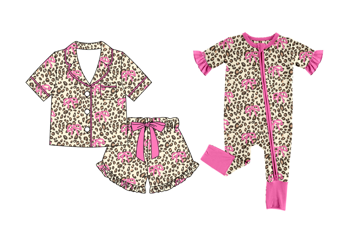 26.1.1 Custom MOQ:3 or 5 pcs each design milk silk Sibling baby girl clothes leopard bow short sleeve shorts sets and romper