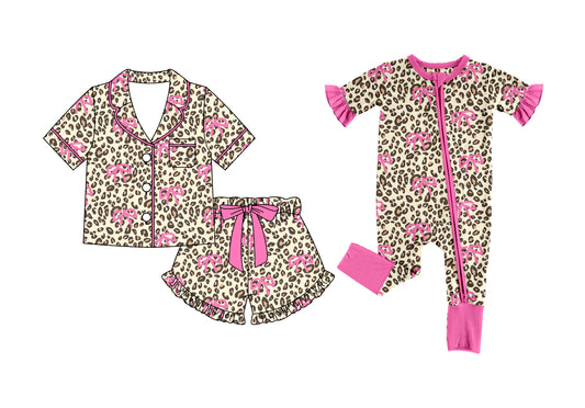 26.1.1 Custom MOQ:3 or 5 pcs each design milk silk Sibling baby girl clothes leopard bow short sleeve shorts sets and romper