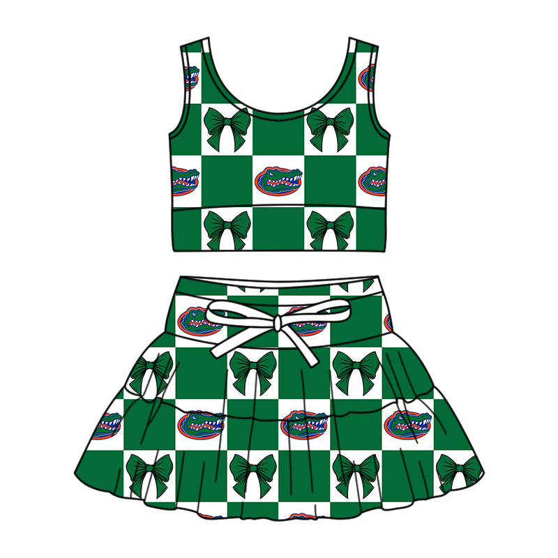 Custom Milk Silk Order MOQ:3 or 5 pcs Each Design Team State Girl Summer Bow Green Sleeveless Skirts Sets-26.1.17