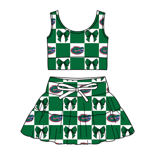 Custom Milk Silk Order MOQ:3 or 5 pcs Each Design Team State Girl Summer Bow Green Sleeveless Skirts Sets-26.1.17