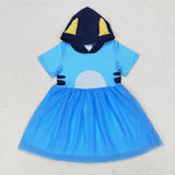 GSD0997 Blue tulle hooded short-sleeved dress for girls