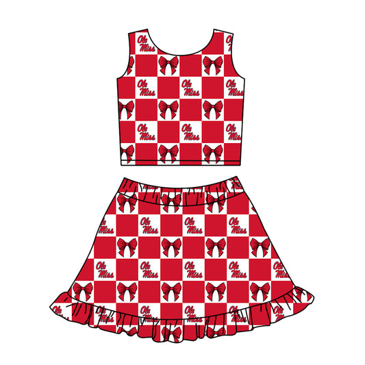 Custom Milk Silk Order MOQ:3 or 5 pcs Each Design Team State Girl Summer Bow Red Sleeveless Skirts Sets-26.1.19