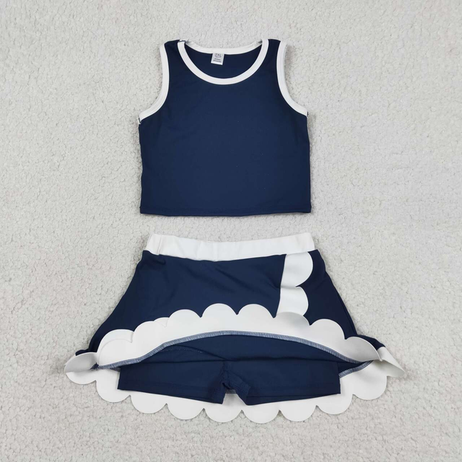 GSD4024 Kids Baby Girls Sleeveless Navy White Vest Scallop Skirt Short Yoga Active Clothes Set