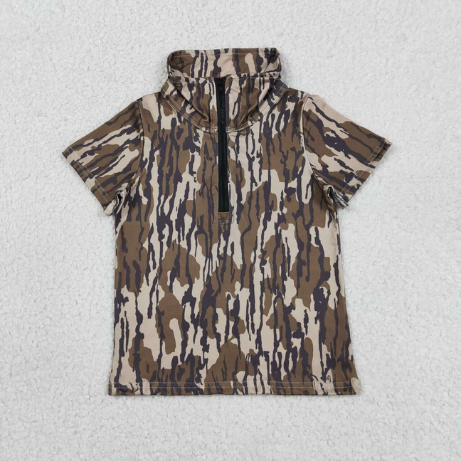 BT1726 Kids Baby Boys Short Sleeve Southern Olive Camo Zipper Pullovers Top