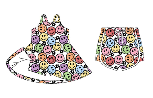 26.1.6 Custom MOQ:3 or 5 pcs each design milk silk Sibling baby girl clothes smiley short sleeve dress and shorts