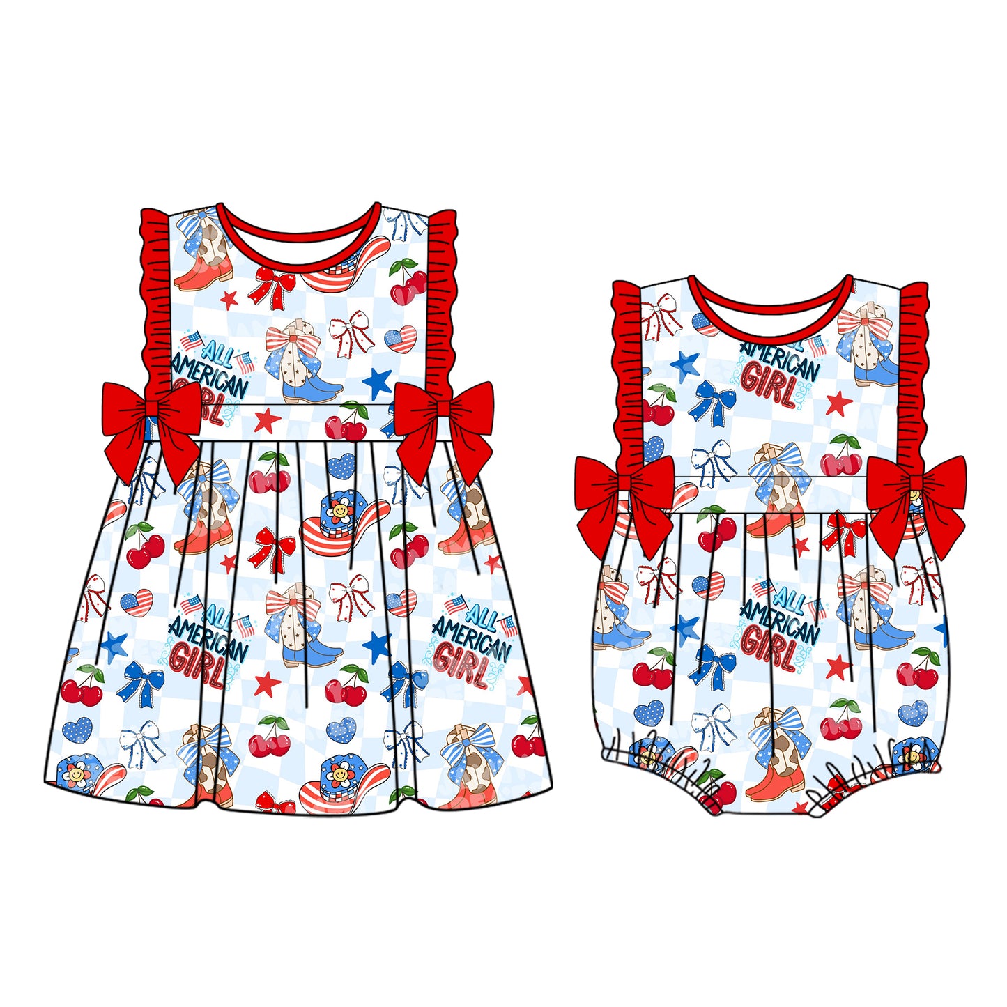 26.1.9 Custom MOQ:3 or 5 pcs each design milk silk Sibling baby girl clothes AMERICAN GIRL bow short sleeve dress and romper