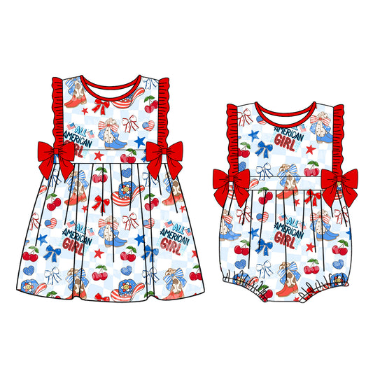 26.1.9 Custom MOQ:3 or 5 pcs each design milk silk Sibling baby girl clothes AMERICAN GIRL bow short sleeve dress and romper