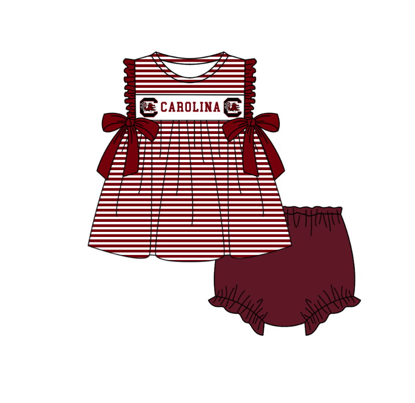 1.30 Custom Order Moq 3 Baby Girl Carolina Bows Stripe Tunic Top Bummies Team Clothes Sets