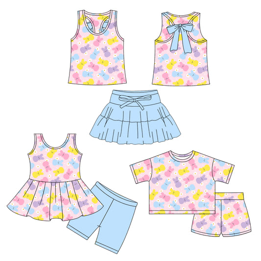 26.1.7 Custom MOQ:3 or 5 pcs each design milk silk Sibling baby girl clothes bunny short sleeve shorts sets 2 and skirts sets
