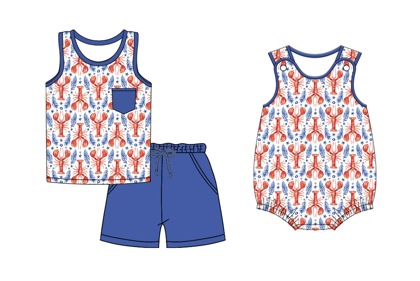 26.1.3 Custom MOQ:3 or 5 pcs each design milk silk Sibling baby boy clothes lobster short sleeve shorts sets and romper