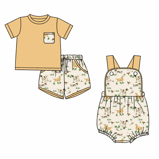 26.1.2 Custom MOQ:3 or 5 pcs each design milk silk Sibling baby boy clothes duck puppy short sleeve shorts sets and romper