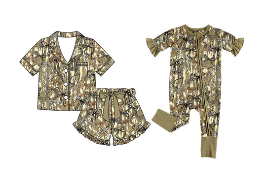 26.1.1 Custom MOQ:3 or 5 pcs each design milk silk Sibling baby girl clothes camouflage bow short sleeve shorts sets and romper